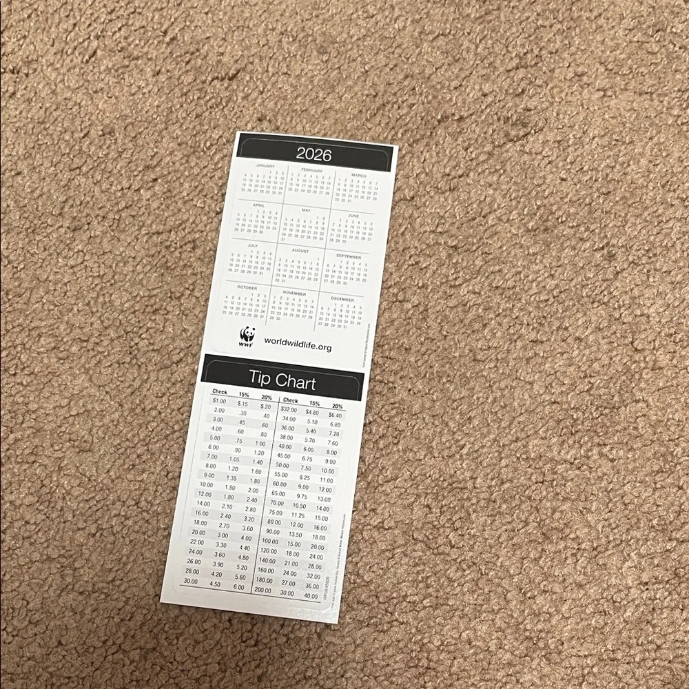 WWF bear tip card and pocket calendar- Red and White